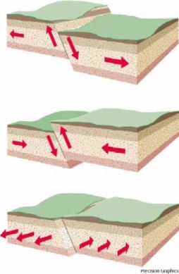 Il existe  trois types de failles : les failles normales (figure N°1), les failles inverses (figureN°3), les failles par coulissage (Figure N°3).