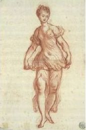 Jean-Honoré Fragonard, Danseuse soulevant le volant de sa tunique, Sanguine et lavis de sanguine, 43,2 x 28,5 cm.