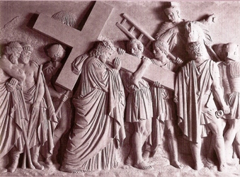 Cinquième station, Simon de Cyrène aide Jésus à porter la croix