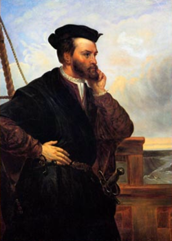 Jacques Cartier (1491-1557), par Théophile Hamel, 1848, d’après un portrait aujourd’hui disparu produit par François Riss (1804-1886) en 1839. — On ignore cependant son vrai visage
