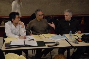 David Henry Hwang, Howard Shore et David Cronenberg lors des répétitions de l’opéra The Fly, juin 2008