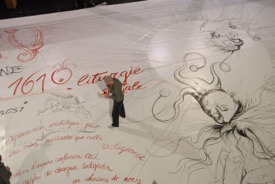 Oleg Kulik peint l’immense toile qui habille la façade extérieure du Théâtre du Châtelet