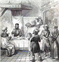 Zizim, fils de Mahomet II, dînant à la table du grand maître. Dessin de Rouargue d’après un manuscrit du XVème siècle