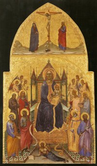 Angelo PUCCINELLI  -  La Vierge et l’Enfant entourés d’Anges et de Saints avec Eve et le Serpent, vers 1385. Musée Lindenau, Altenbourg