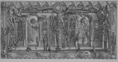 Wunderkammer II , gravure d’Erik Desmazières, 1999, eau-forte et aquatinte.535 x 268 F.154 II