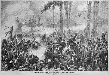 Le corps de garde en prise à Saint-Privat-la-Montagne lors de la bataille de Gravelotte. Gravure d’après une œuvre originale de Christian Gell.