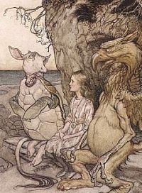 Alice entre le griffon et "the mock turtle", détail d’une illustration d’Arthur Rackham pour Alice’s Adventures in Wonderland de Lewis Caroll, 1907.
