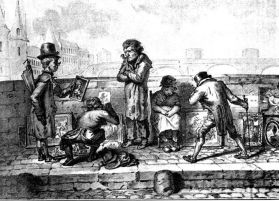 Brocanteurs sur un pont de Paris, gravure de Jean Henry Marlet, tirée de Charles Simond, La vie parisienne à travers le XIXe siècle, Paris, E. Plon, 1900