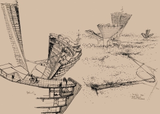 Dessin de Claude Parent, Projet utopique de ville "Les Cônes" : pers., 1960.	