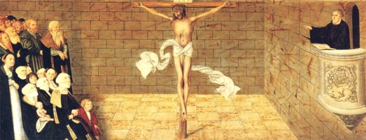 Luther prêchant devant l’assemblée des fidèles dans l’église de Wittenberg (par L. Cranach l’ancien)