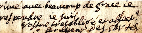 Extrait de la lettre de Descartes, datée de 1641, conservée à la Bibliothèque de l’Institut de France