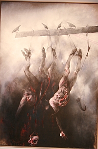 Huile sur toile de Vladimir Vélickovic, "Corbeaux 2009", 325\/225 cm, exposée à l’Espace d’art contemporain Saint-Martin à Montélimar, exposition : Vladimir Vélickovic - peinture depuis 1968