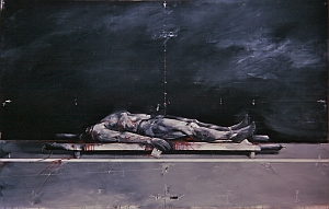 Huile sur toile de Vladimir Vélickovic, "Homme Fig.I", 195\/300cm, 1975-1977, exposée à l’Espace d’art contemporain Saint-Martin à Montélimar, exposition : Vladimir Vélickovic - peinture depuis 1968