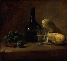 Panier de prunes, bouteille à demi pleine, verre à demi plein d’eau et deux concombres, 	New York, The Frick Collection, Inv. 1945.1.152