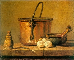 Chaudron de cuivre rouge étamé, poivrière, poireau, trois œufs et poêlon posés sur une table, Paris, Musée du Louvre, Legs Dr. Louis La Caze, 1869, Inv. MI 1045
