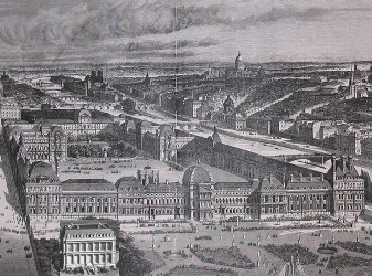 gravure du palais des Tuileries avec photo du château de La Punta incrustée au premier plan