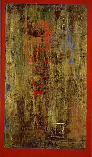 Anna-Eva Bergman, "N°20-1960 Miroir d’or sur fond rouge", 1960, 195x114 cm, Tempera et feuille de métal, Toile