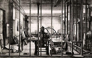 Erik Desmazières, Atelier René Tazé VI, eau-forte avec roulette et aquatinte sur vélin B F K Rives (n°54\/90)