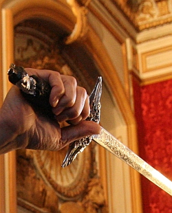 L’épée d’académicien de Patrick de Carolis, dans sa main lors de la cérémonie de la remise de son épée, Grand Salon de l’Hôtel National des Invalides, 12 octobre 2011