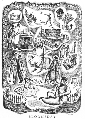 La journée de Bloom constitue la journée d’Ulysse.Elle se déroule en un seul lieu (Dublin)0 ; elle est précisément datée (16 juin 1904) et retrace sous forme parodique l’Odyssée dans "une coque de noix". (Coll.part.)