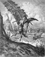Don Quichotte combattant les moulins à vent sur son cheval, Rossinante (1863) par Gustave Doré