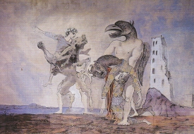 Pablo Picasso, La dépouille du Minotaure en costume d’Arlequin, rideau de scène pour Le 14 juillet de Romain Rolland (1936)