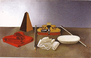 Rohner, Violon plat étoffe rouge, nature morte au métronome, huile sur toile, 1984