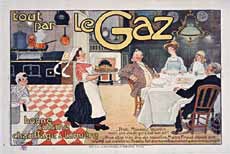 P. F Grignon, "Tout pour le gaz. Bonne cuisine chauffage et lumière." Affiche, lithographie en couleur (1900)- Salon International du Livre ancien, de l’estampe et du dessin 2012, Exposition "À table’, une sélection du département des estampes et de la photographie de la BnF