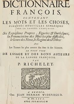 Page 1 du Dictionnaire françois contenant les mots et les choses de Pierre Richelet, 1ère édition 1680