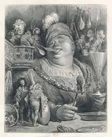 Gustave Doré, "Pantagruel, Illustration les œuvres de Rabelais", publiées chez Garnier frères- Salon International du Livre ancien, de l’estampe et du dessin 2012, Exposition "À table’, une sélection du département des estampes et de la photographie de la BnF
