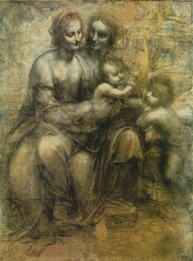 Léonard de Vinci, Carton dit de Burlington House, "Sainte Anne, la Vierge et l’Enfant Jésus bénissant saint Jean Baptiste", Pierre noire, rehauts de blancs sur un montage de papier collés sur toile. H. 141, 5 ; l.1, 104, 6 cm, Londres, the National Gallery, NG 637