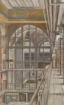 Érik Desmazières, MCI, 2012, eau-forte, épreuve état rehaussé à l’aquatinte et à la gouache, 63 x 33 cm.