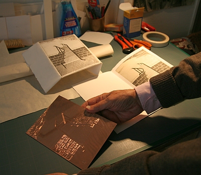 Plaque de cuivre et essais d’impression, atelier de Louis-René Berge de l’Académie des beaux-arts, 28 septembre 2012
