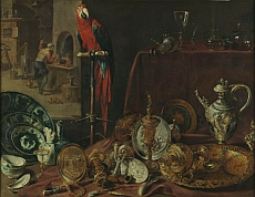 Adriaen van Utrecht (Anvers, 1599 – Anvers, 1652) Nature morte au perroquet Dans cette grande composition, le peintre rassemble avec bonheur une abondance d’objets de grande valeur disposés dans un apparent désordre faussement négligé.     Dans le fond du tableau, l’artiste introduit une scène secondaire : la représentation d’un orfèvre au travail ou, plus probablement, d’un alchimiste devant un athanor. On pourrait également lire le tableau comme une allégorie du feu, celui-ci intervenant dans le processus