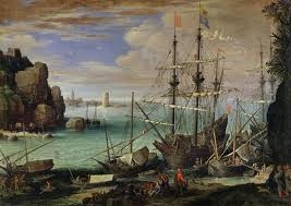 Paul Bril (Bréda ou Anvers, 1553\/1554 – Rome, 1626) Le Port : Les marines de Bril, œuvres de maturité, comptent parmi ses peintures les plus novatrices. Ainsi ce Port, s’il garde un point de vue élevé propre à la tradition flamande, offre une vision unifiée de l’espace. La composition résulte de lignes de fuite qui partent de la gauche pour converger en un point situé à l’extrême droit de l’horizon.  Ce point focal est aussi la source d’une lumière intense qui se réfléchissant sur l’eau tranquille, confère