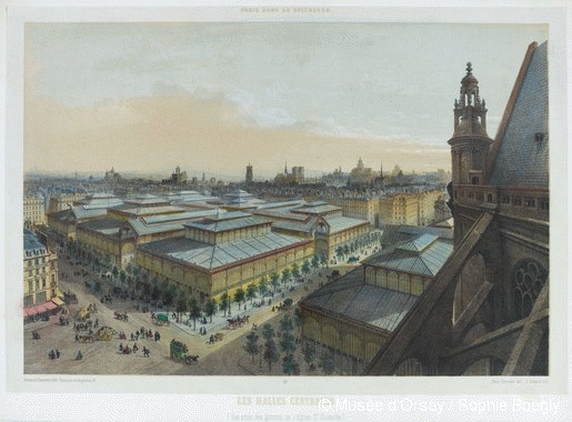 AnonymeLes Halles, vue prise des galeries de l’église Saint-EustacheEstampe couleurParis, Collection Debuisson