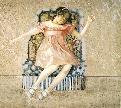 Pierre Carron, La robe rose sur le fauteuil bleu - huile sur toile - 130x162cm - 1985